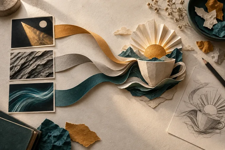AI concept illustration of light, texture and movement references leading to a new paper sculpture of a cup and sunrise
