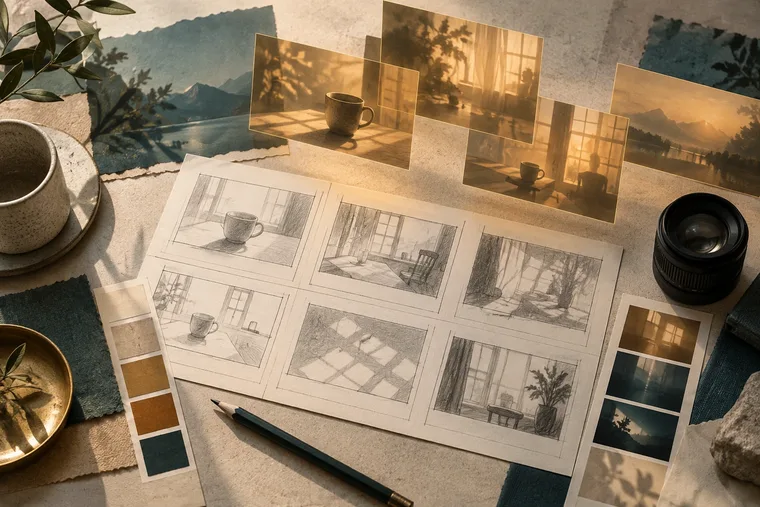 Minh họa AI về bàn tiền kỳ với phác thảo storyboard, khung concept trong suốt và mẫu ánh sáng