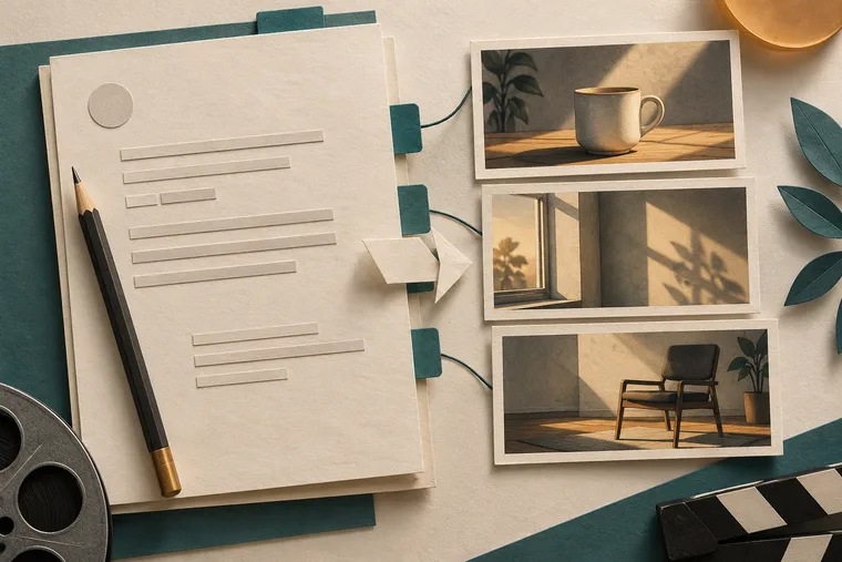 Minh họa AI tờ brief trống nối bằng thẻ giấy tới storyboard chiếc cốc, ánh sáng cửa sổ và ghế