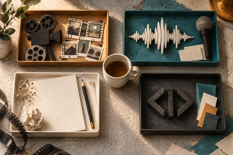 AI illustration of four physical trays for film, audio, planning and code with a cup in the middle